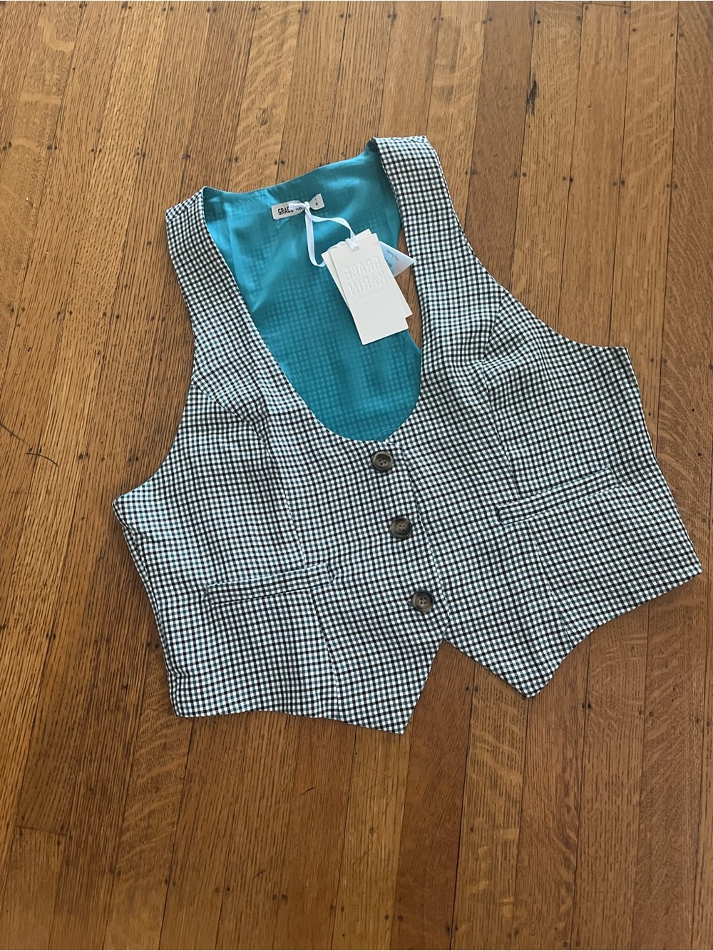 Grace Karin Gingham Button-Front Vest with Teal Lining